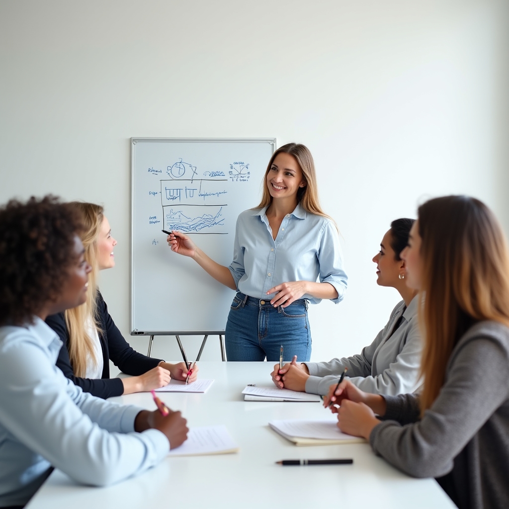 Small group financial education session in a bright modern meeting room