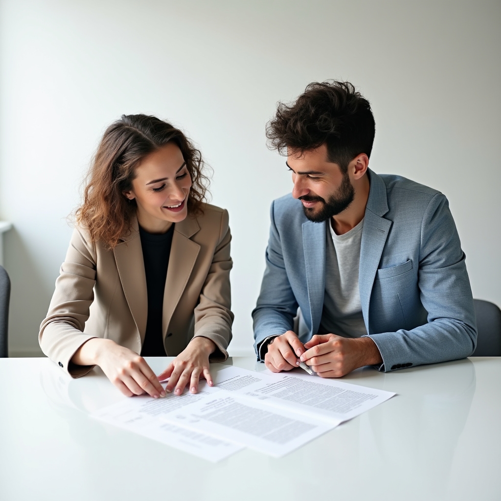 Two professionals reviewing a financial contract at a clean modern workspace