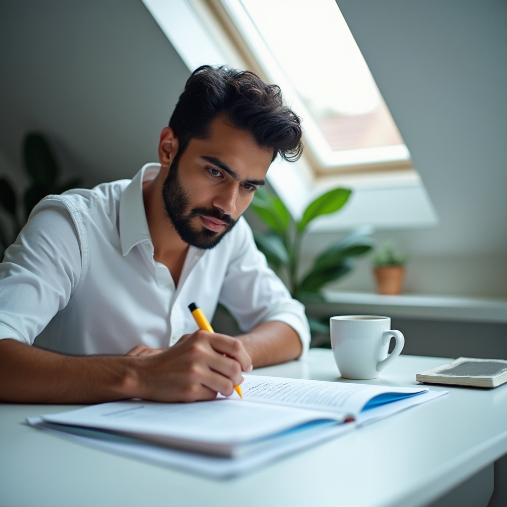 Young professional studying financial documents with highlighted key terms