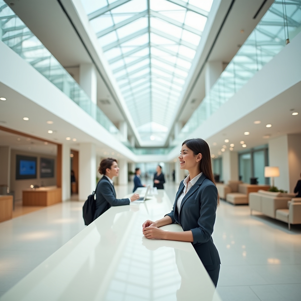 Modern bank branch interior with clean lines and professional atmosphere